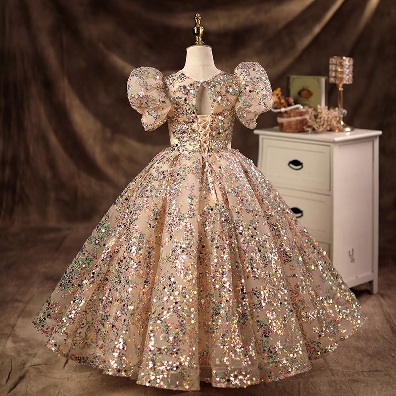 Champagne Sequined Princess Flower Girl Dress Floor Length
