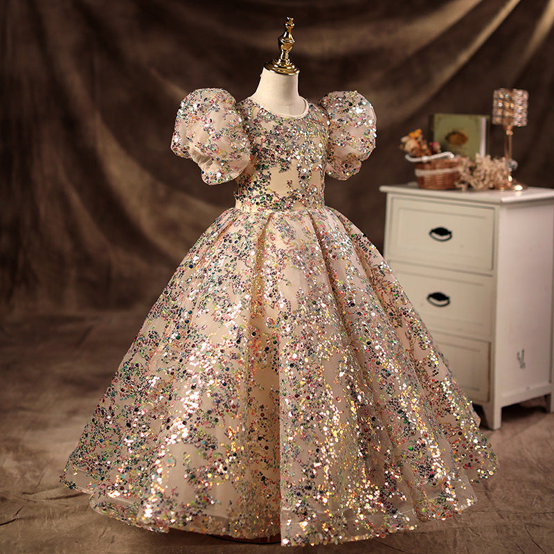 Champagne Sequined Princess Flower Girl Dress Floor Length