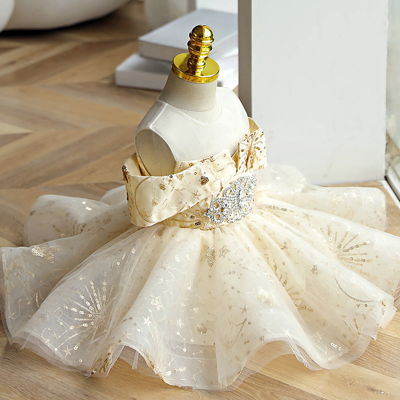 Champagne Sequined Tea-Length Flower Girl Dress Cold Shoulder