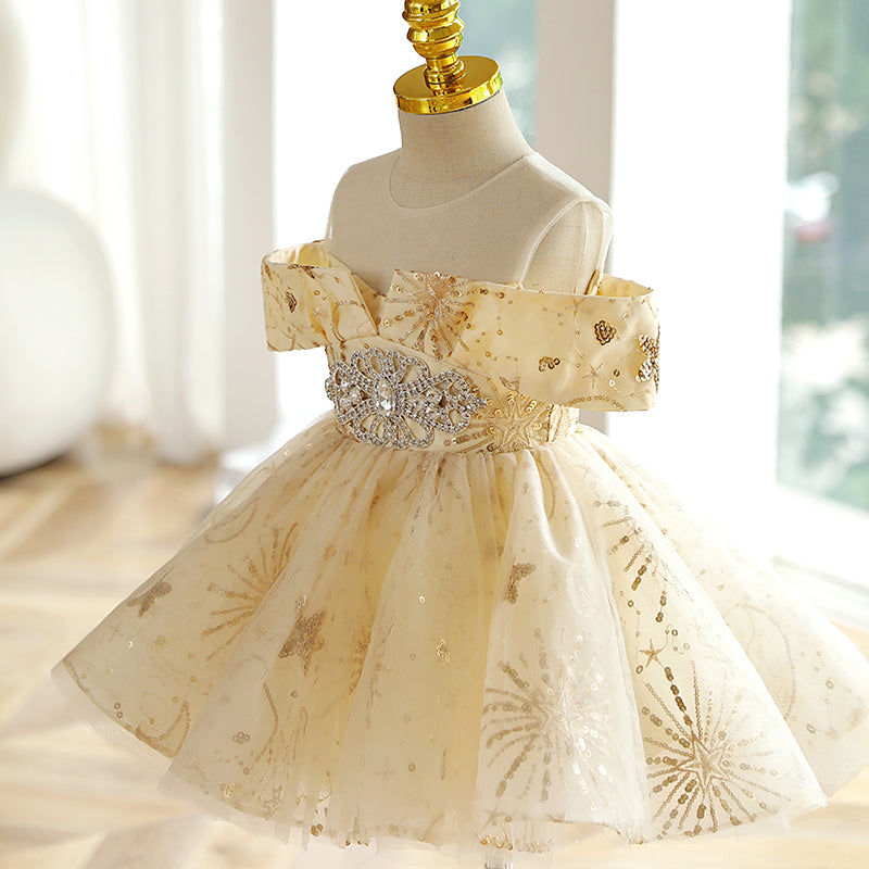 Champagne Sequined Tea-Length Flower Girl Dress Cold Shoulder