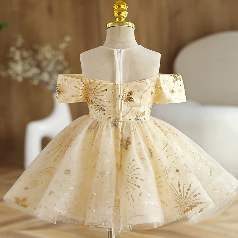Champagne Sequined Tea-Length Flower Girl Dress Cold Shoulder