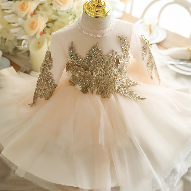Champagne Tulle A-Line Flower Girl Dress with Lace & Bows