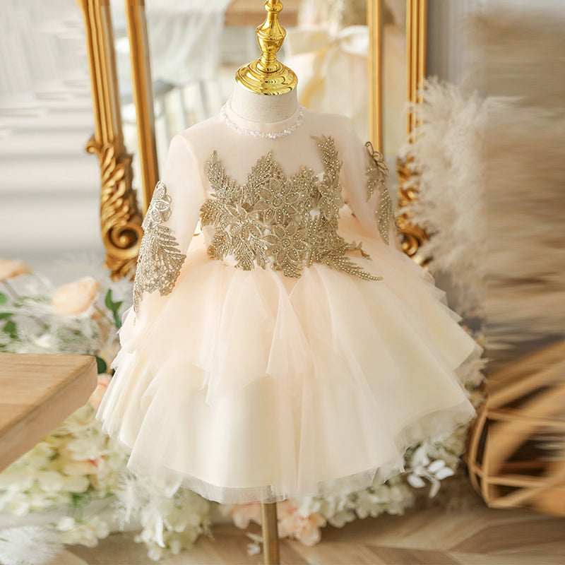 Champagne Tulle A-Line Flower Girl Dress with Lace & Bows