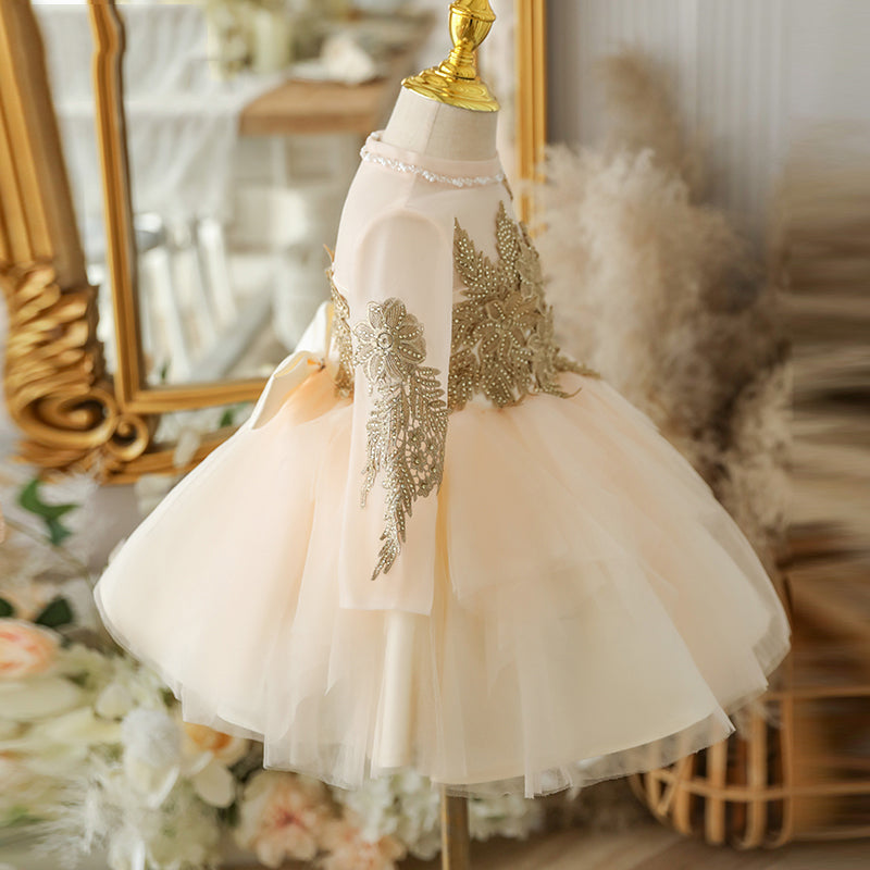 Champagne Tulle A-Line Flower Girl Dress with Lace & Bows