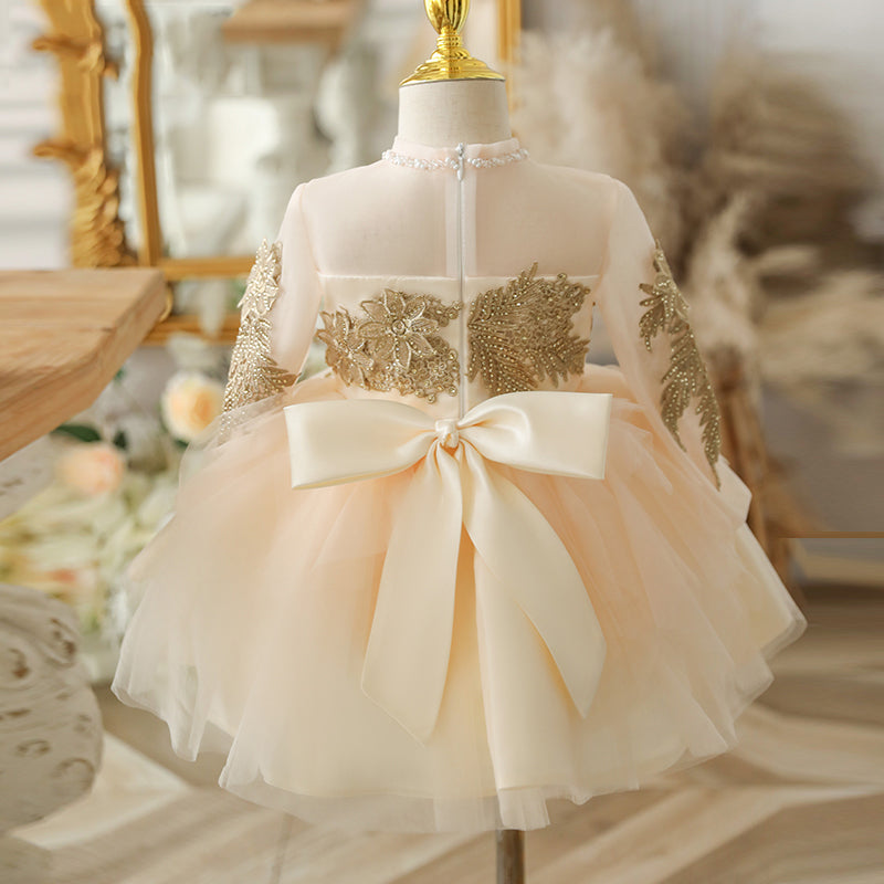 Champagne Tulle A-Line Flower Girl Dress with Lace & Bows