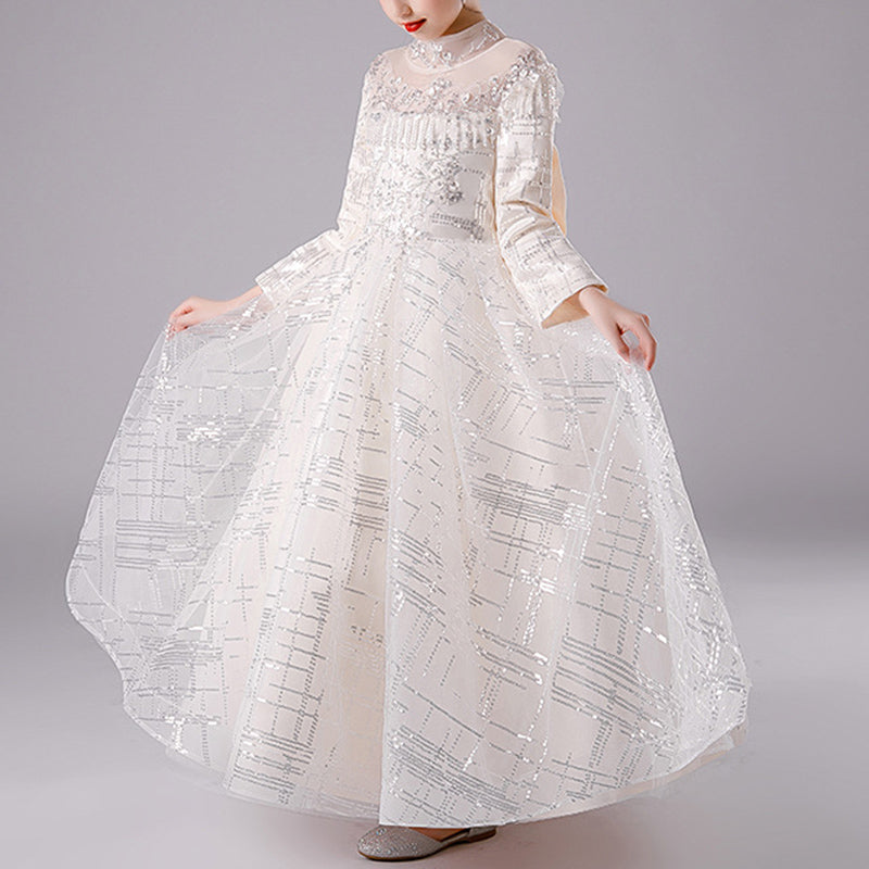 Champagne Tulle Flower Girl Dress: Long Sleeve Lace Sequins