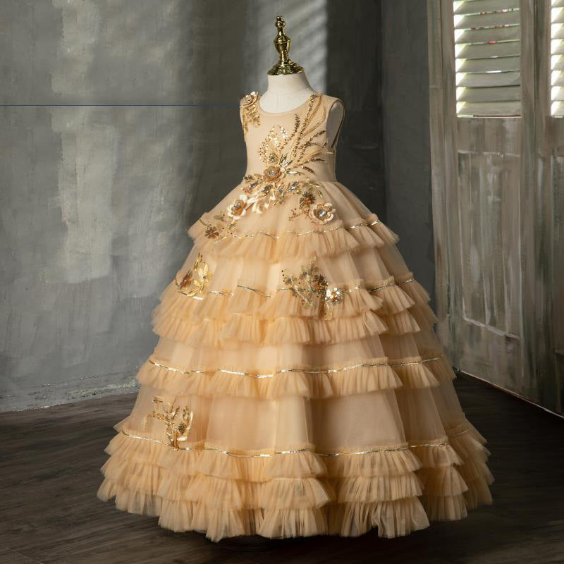 Champagne Tulle Princess Flower Girl Dress Lace Flower Bow
