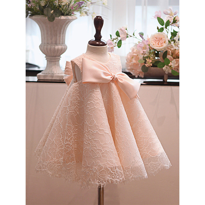 Charming Pink A-Line Lace Flower Girl Dress with Bows