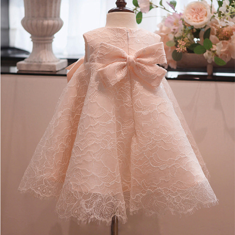 Charming Pink A-Line Lace Flower Girl Dress with Bows