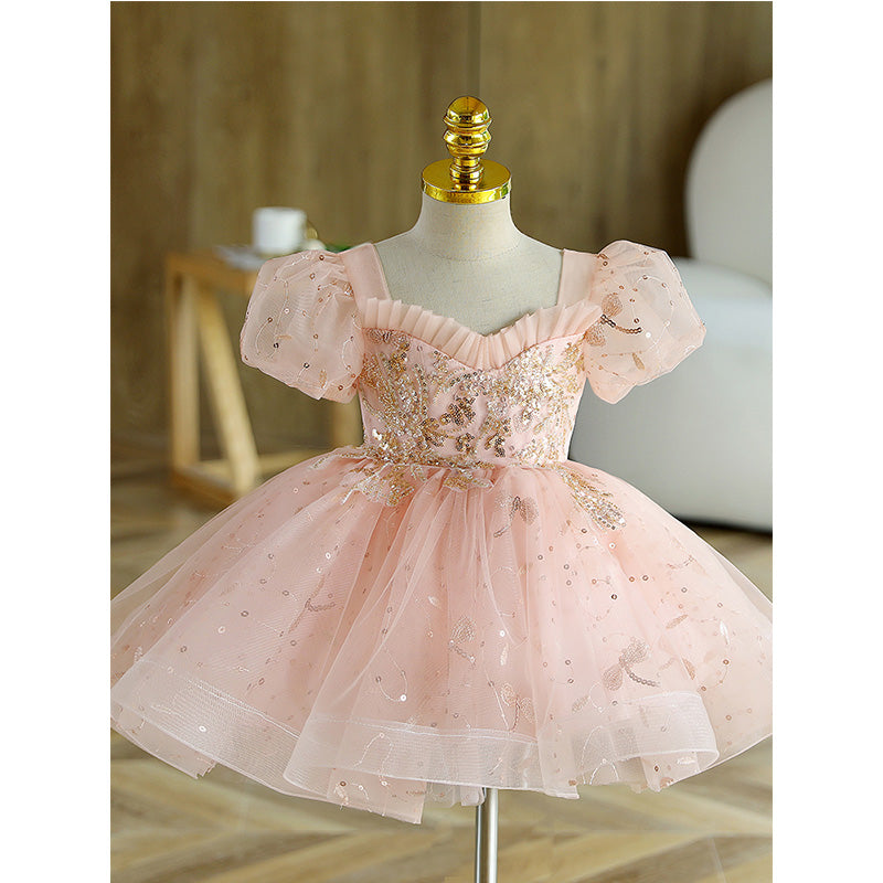 Charming Pink Princess Flower Girl Dress with Sequins & Lace