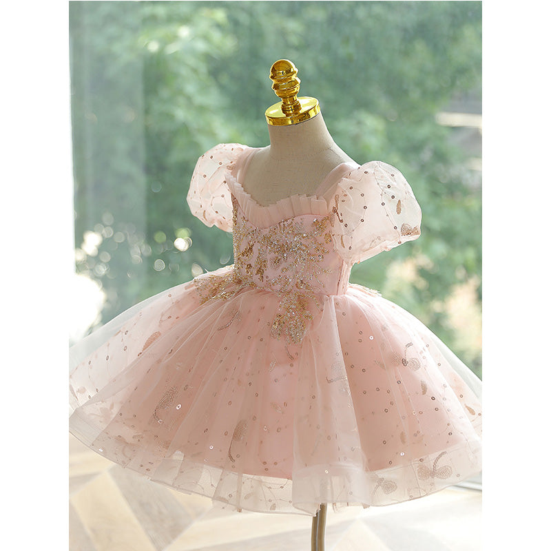 Charming Pink Princess Flower Girl Dress with Sequins & Lace