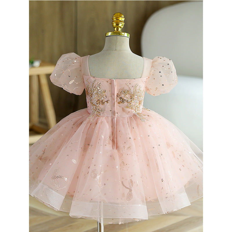 Charming Pink Princess Flower Girl Dress with Sequins & Lace