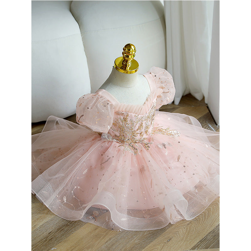 Charming Pink Princess Flower Girl Dress with Sequins & Lace