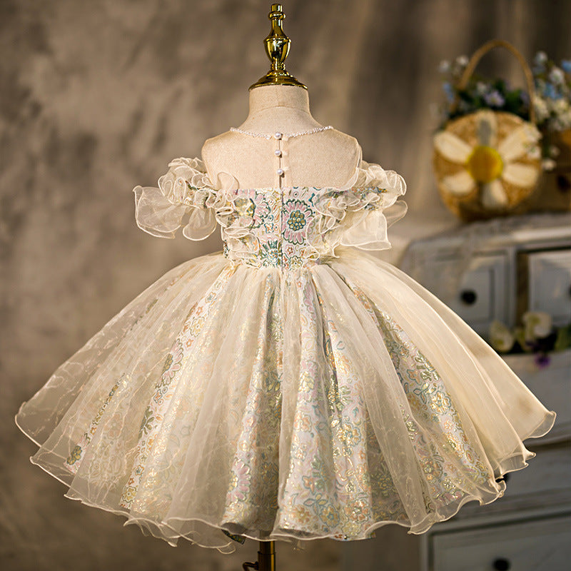 Colorful Floral Princess Flower Girl Dress with Lace & Ruffles