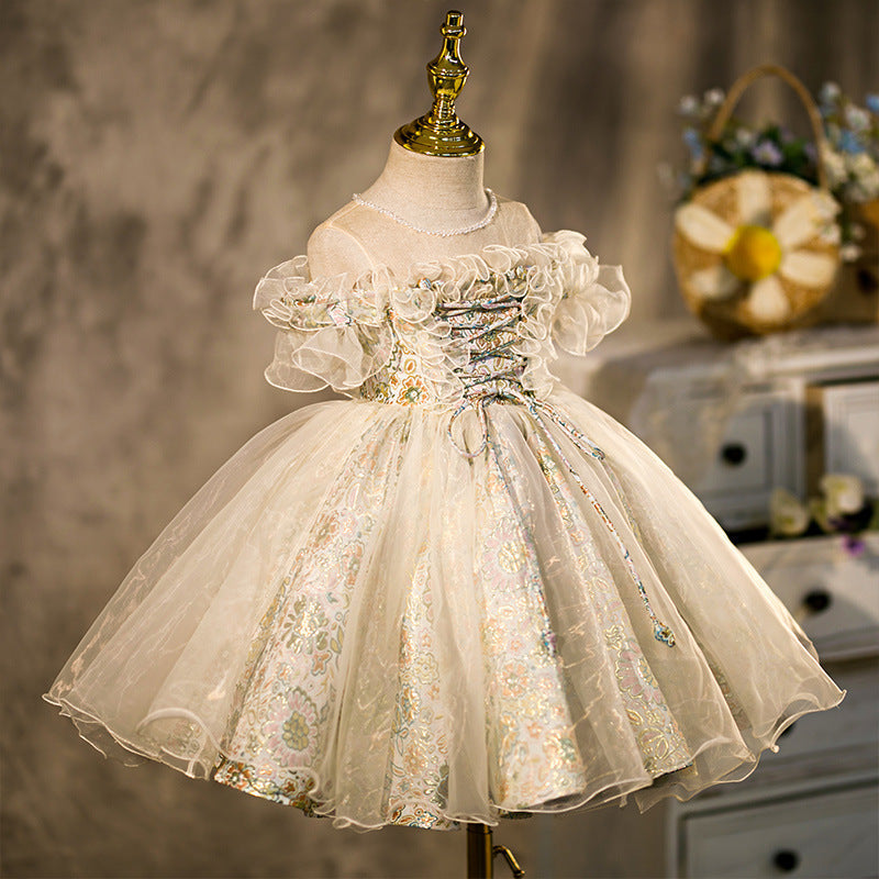 Colorful Floral Princess Flower Girl Dress with Lace & Ruffles