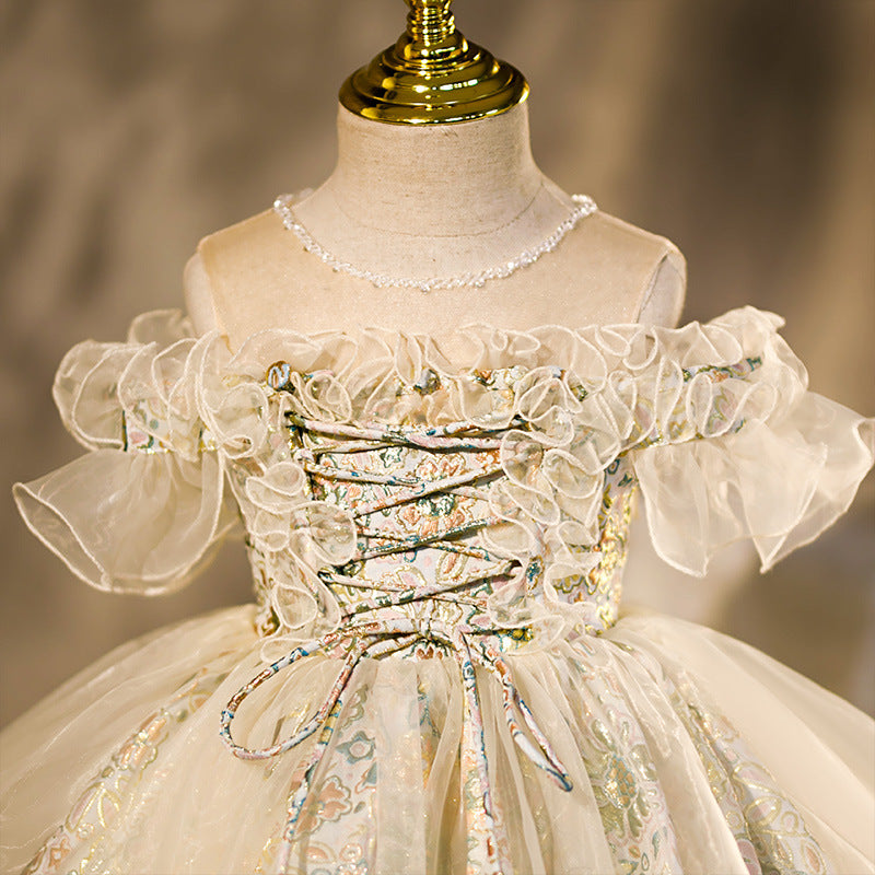 Colorful Floral Princess Flower Girl Dress with Lace & Ruffles