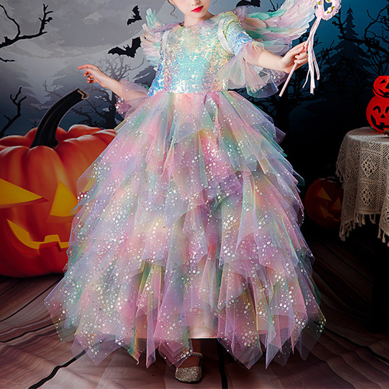 Colorful Sequin A-Line Flower Girl Dress Long Bell Sleeve Floor