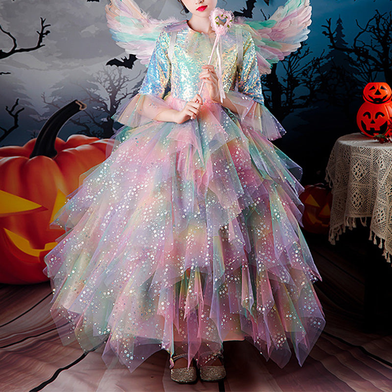 Colorful Sequin A-Line Flower Girl Dress Long Bell Sleeve Floor