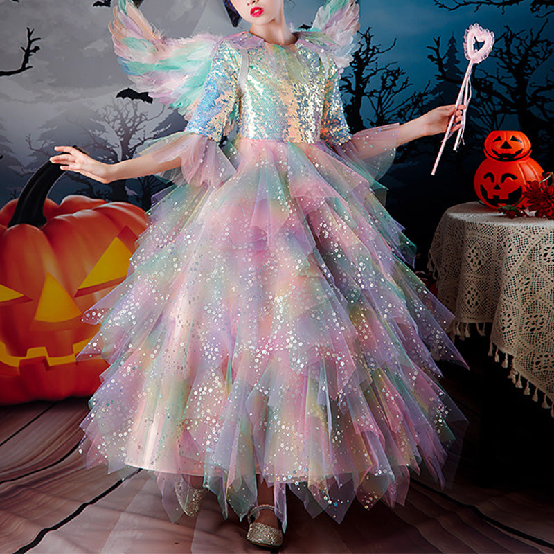 Colorful Sequin A-Line Flower Girl Dress Long Bell Sleeve Floor