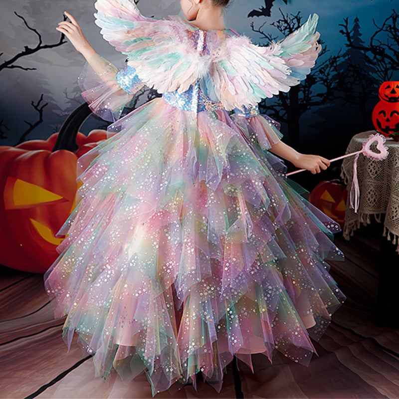 Colorful Sequin A-Line Flower Girl Dress Long Bell Sleeve Floor