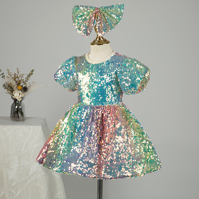 Colorful Sequin A-Line Flower Girl Dress with Puff Sleeves