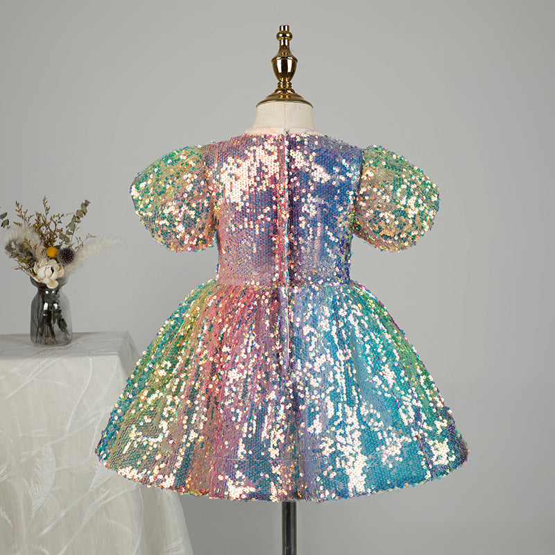 Colorful Sequin A-Line Flower Girl Dress with Puff Sleeves
