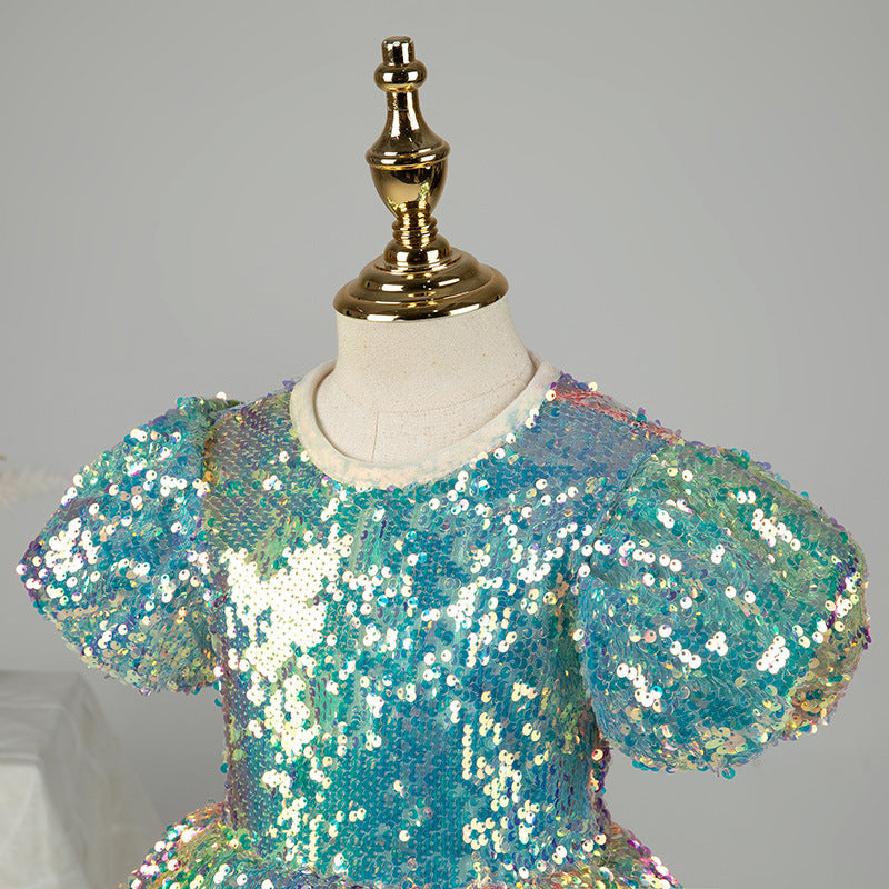 Colorful Sequin A-Line Flower Girl Dress with Puff Sleeves