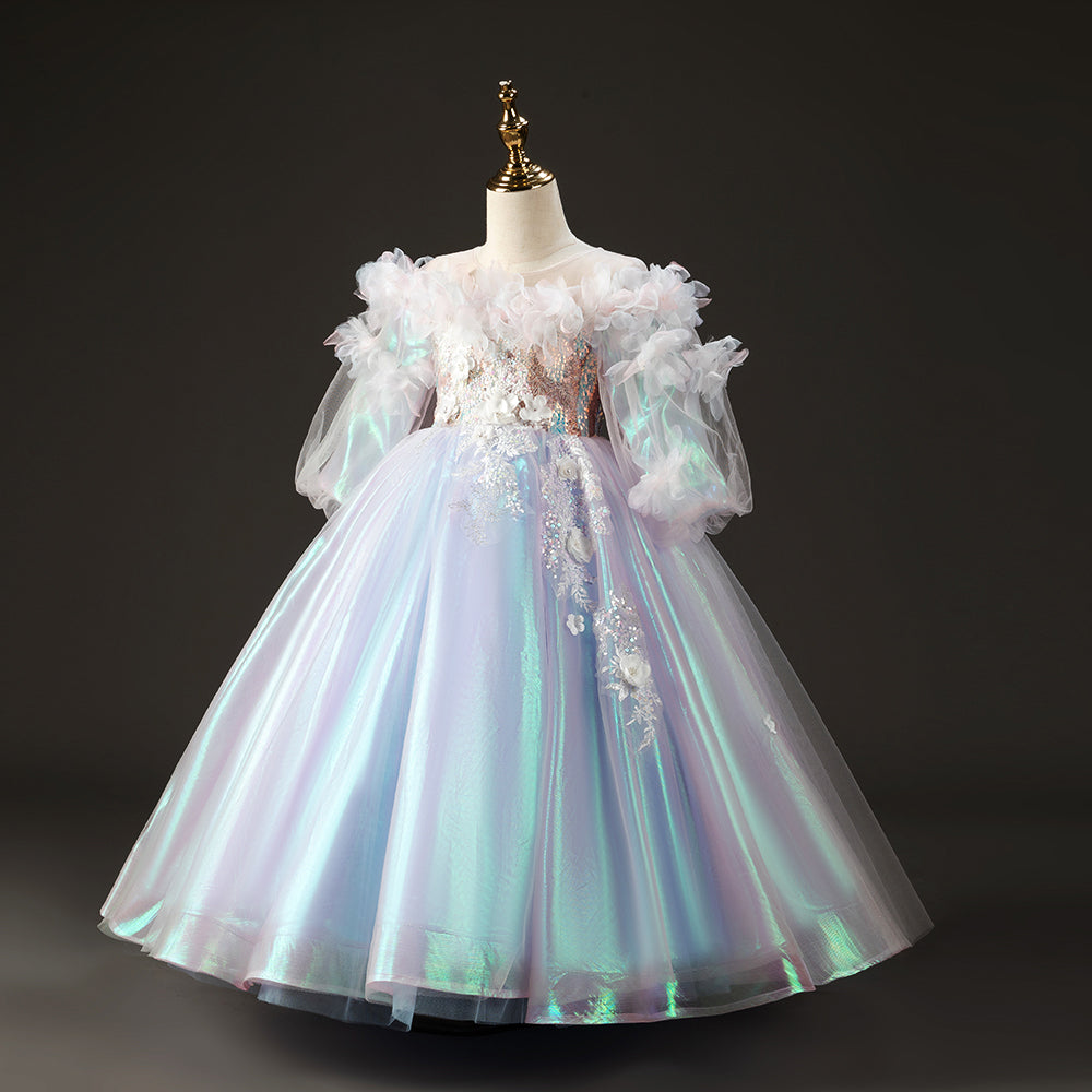 Colorful Sequin Tulle A-Line Flower Girl Dress Long Puff