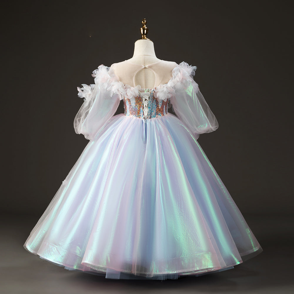 Colorful Sequin Tulle A-Line Flower Girl Dress Long Puff