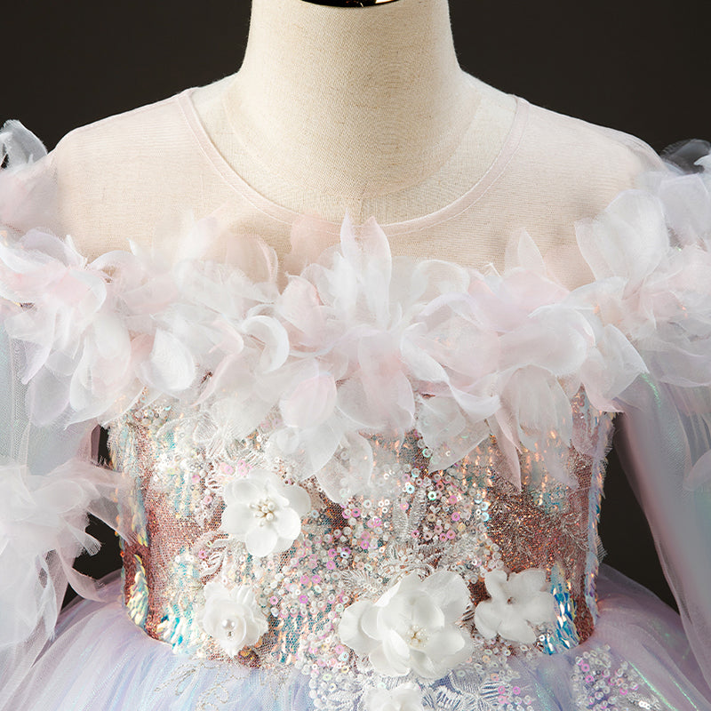 Colorful Sequin Tulle A-Line Flower Girl Dress Long Puff