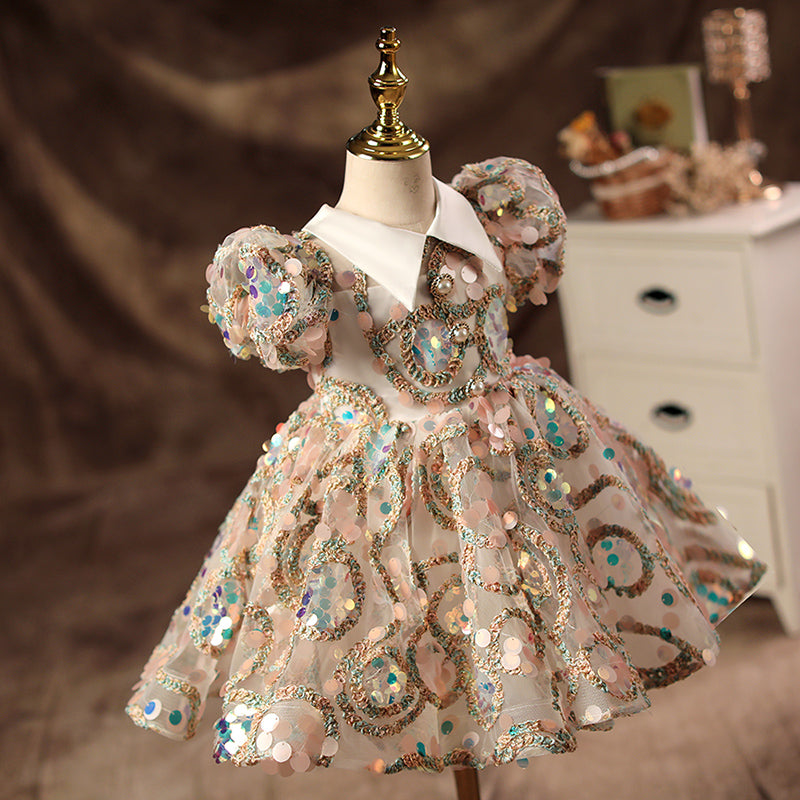 Colorful Sequined Princess Flower Girl Dress with Ruffles