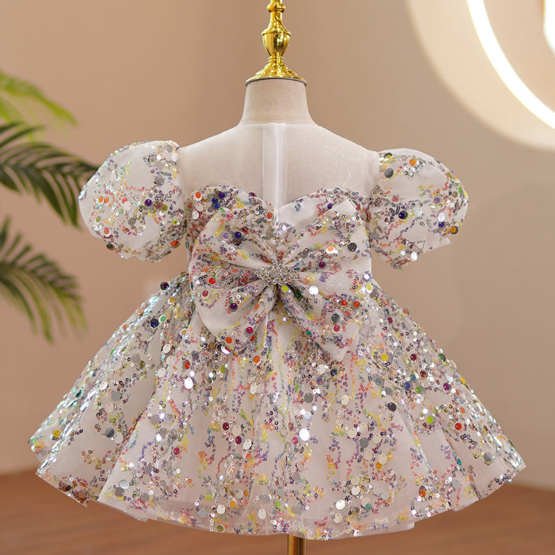 Colorful Sequined Tulle Princess Flower Girl Dress Puff Sleeves