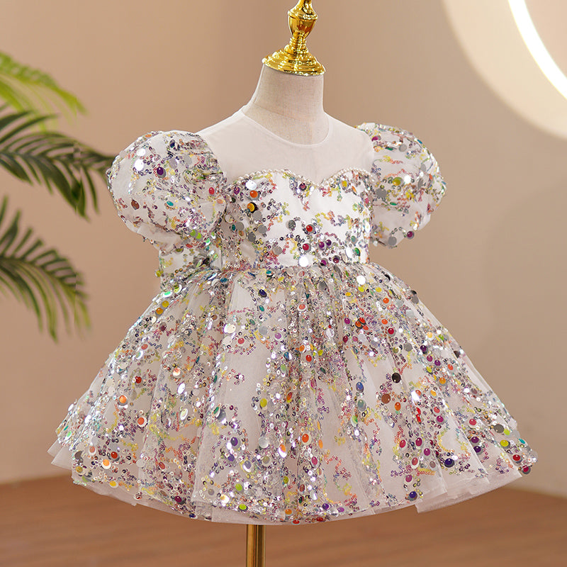 Colorful Sequined Tulle Princess Flower Girl Dress Puff Sleeves