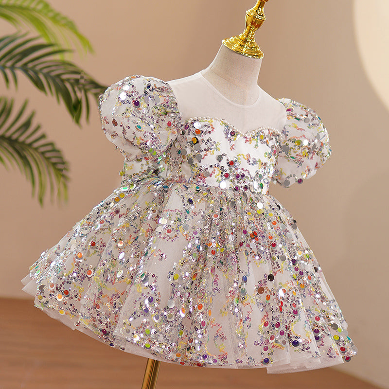 Colorful Sequined Tulle Princess Flower Girl Dress Puff Sleeves