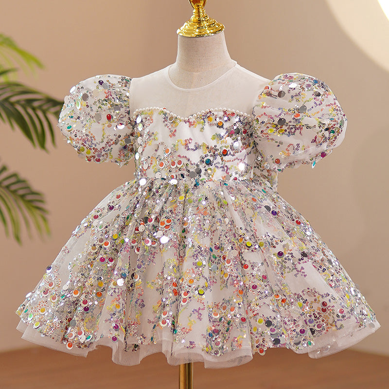 Colorful Sequined Tulle Princess Flower Girl Dress Puff Sleeves