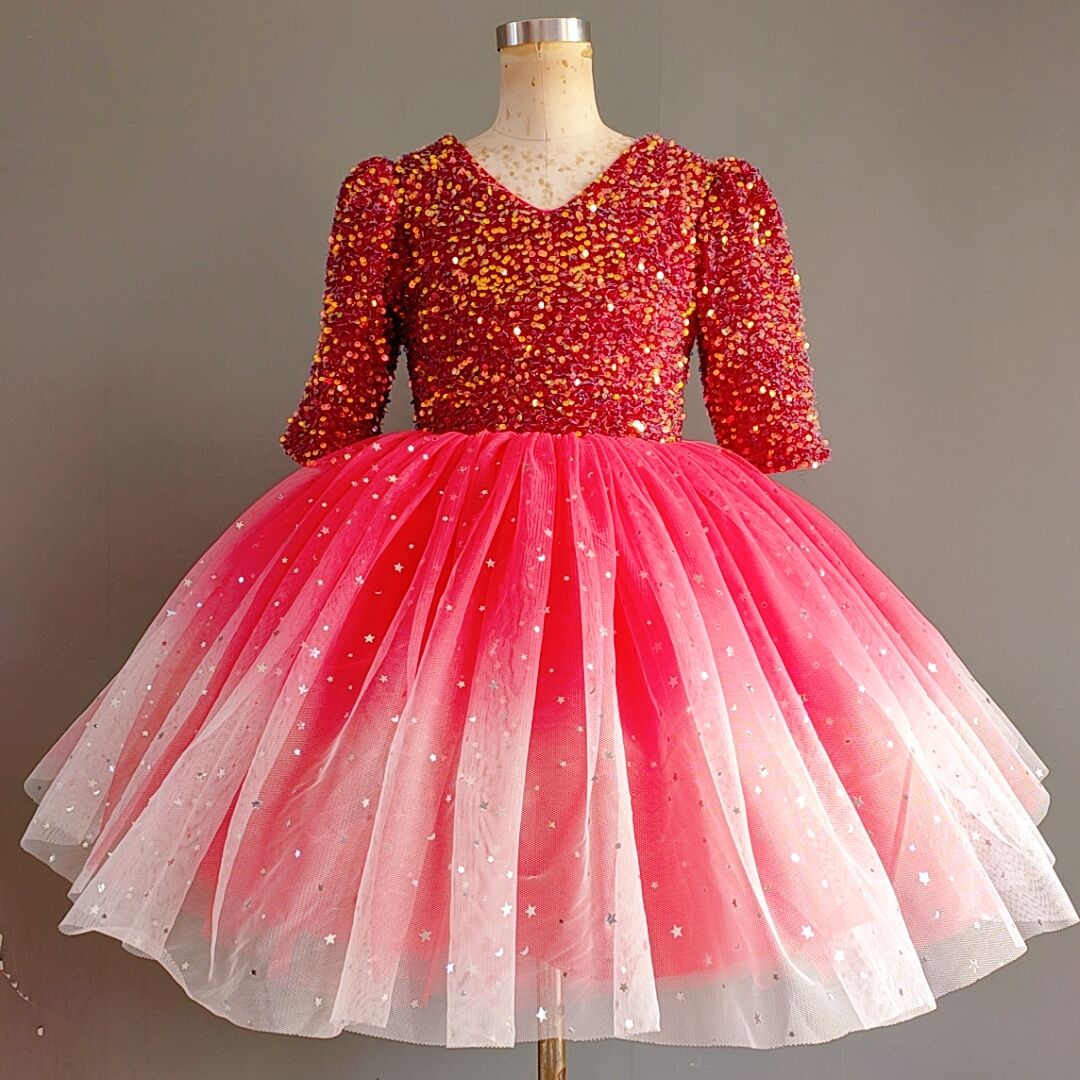 Deep Pink Sequined Tulle Ball Gown – Girls' Winter Party & Pageant Dress