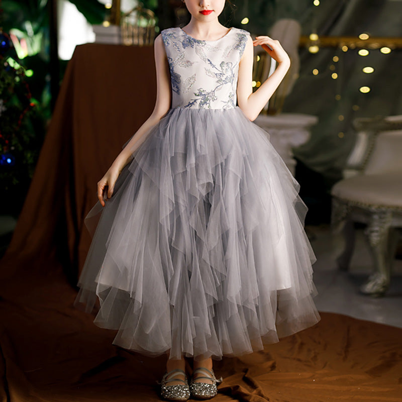 Dusty Blue A-line Floor-Length Flower Girl Dress with Embroidery