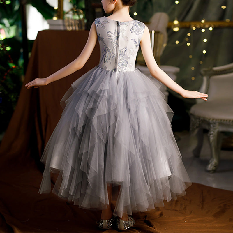 Dusty Blue A-line Floor-Length Flower Girl Dress with Embroidery