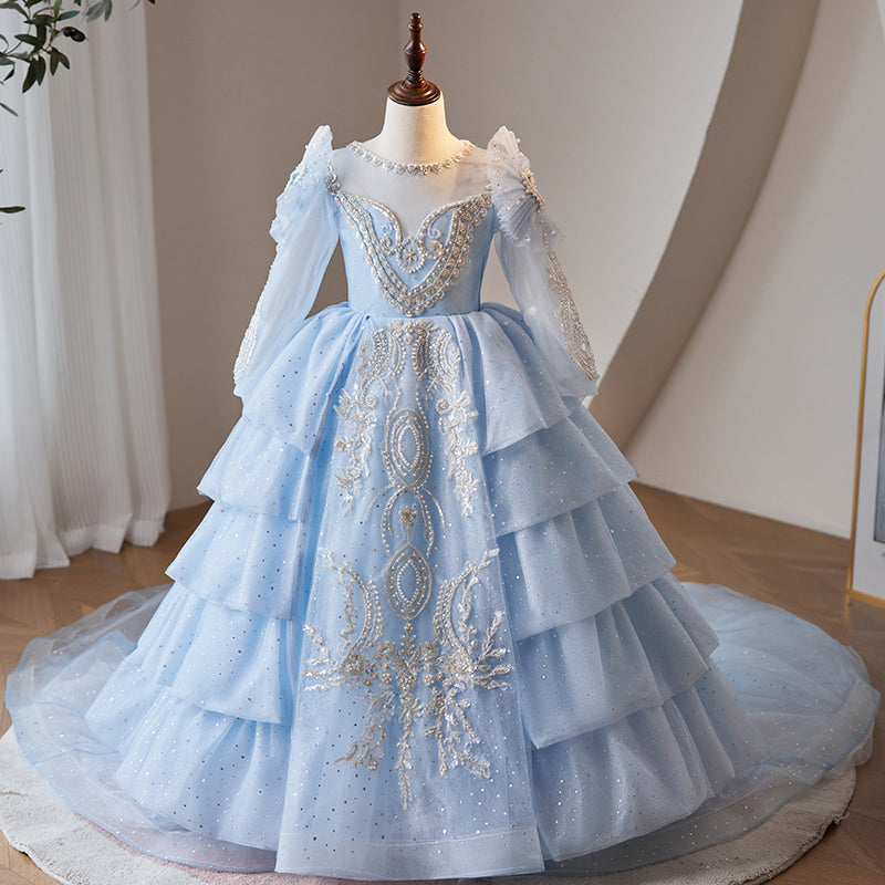 Dusty Blue Lace & Sequin A-Line Floor-Length Flower Girl Dress Mia Princess Dusty Blue Lace & Sequin A-Line Floor-Length Flower Girl Dress Mia Princess