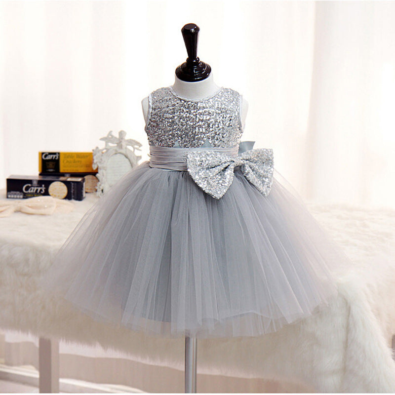 Dusty Blue A-Line Flower Girl Dress with Sequins and Bow