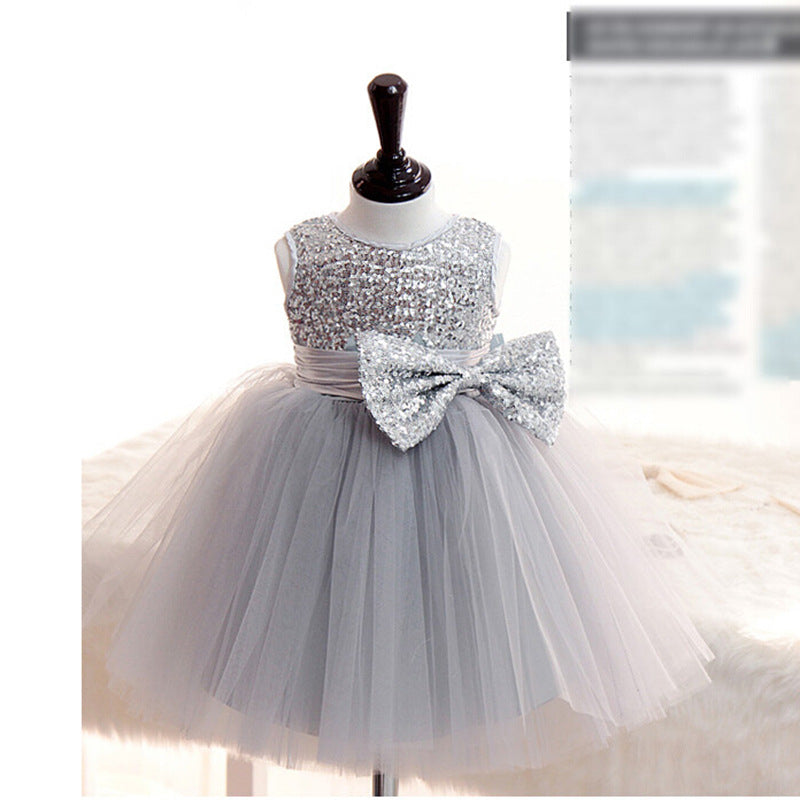 Dusty Blue A-Line Flower Girl Dress with Sequins and Bow