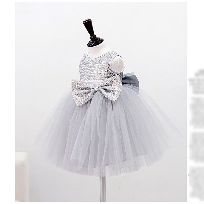 Dusty Blue A-Line Flower Girl Dress with Sequins and Bow