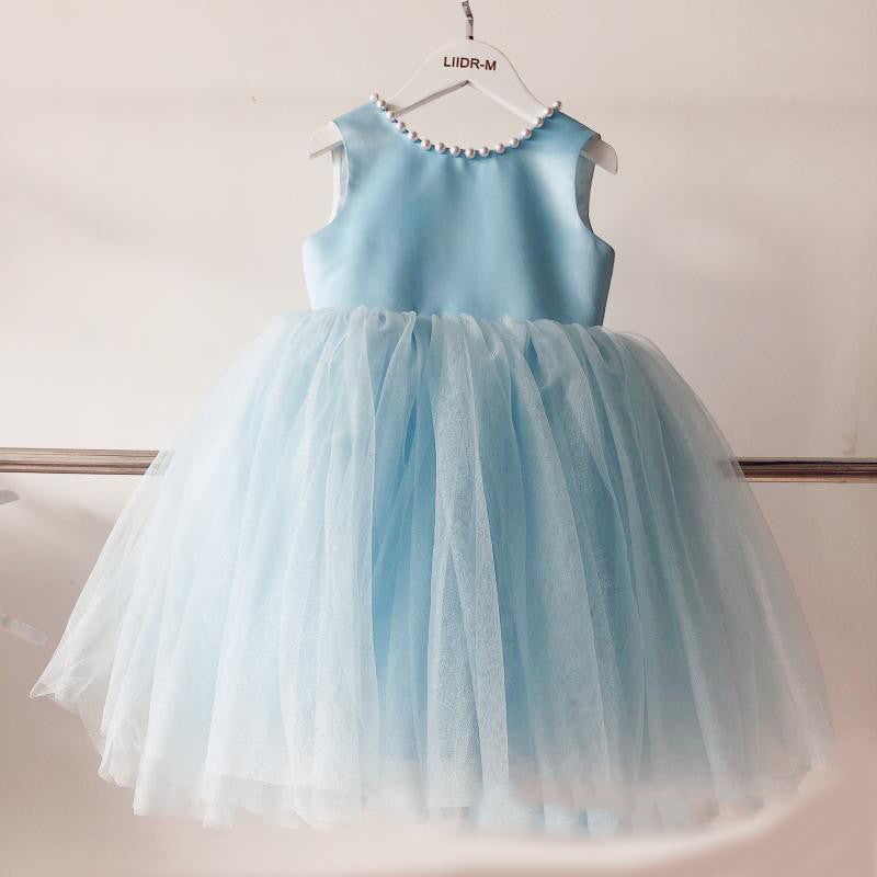 Dusty Blue A-line Tea-Length Flower Girl Dress with Bows