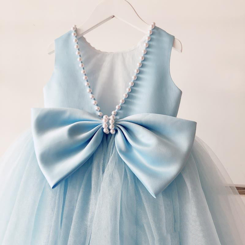Dusty Blue A-line Tea-Length Flower Girl Dress with Bows