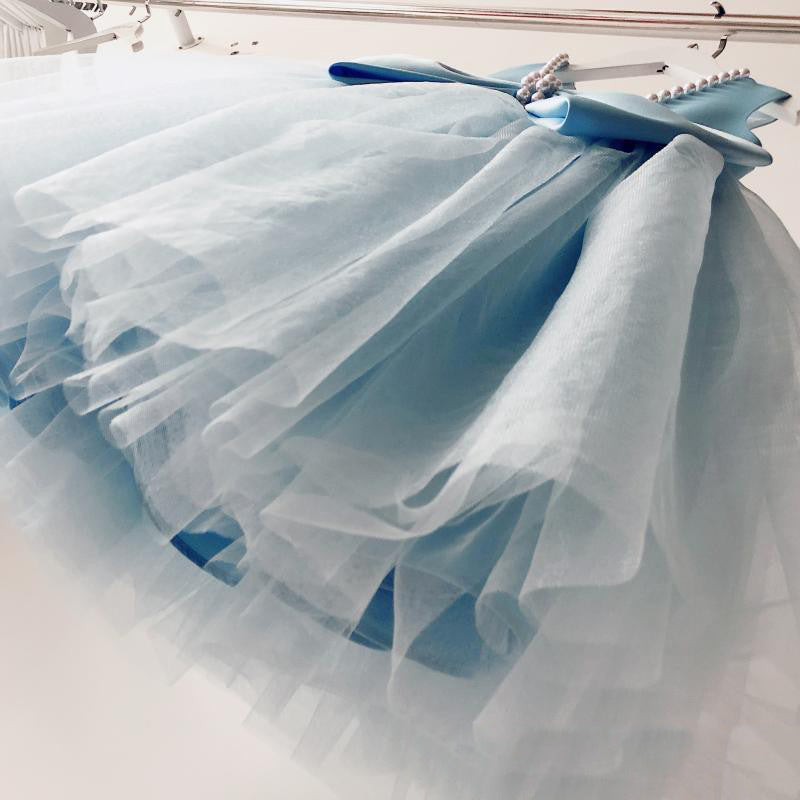 Dusty Blue A-line Tea-Length Flower Girl Dress with Bows