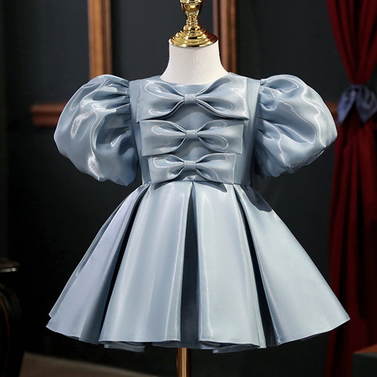 Dusty Blue Organza Princess Flower Girl Dress Bow Ruffles