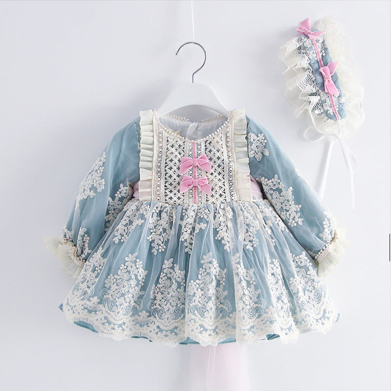 Dusty Blue Princess Flower Girl Dress with Lace and Puff Sleeves