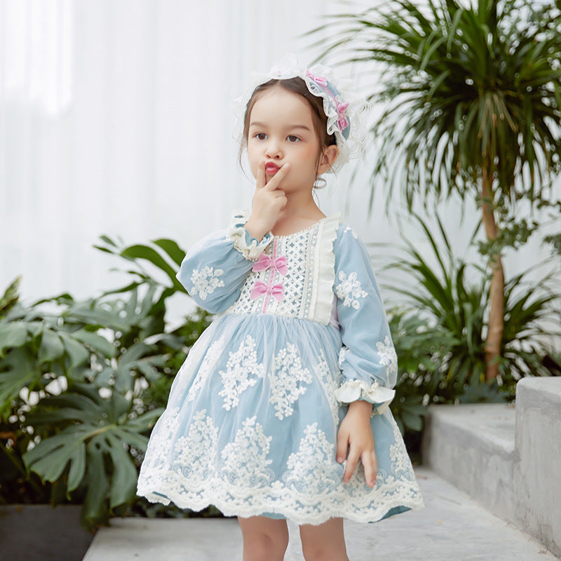 Dusty Blue Princess Flower Girl Dress with Lace and Puff Sleeves