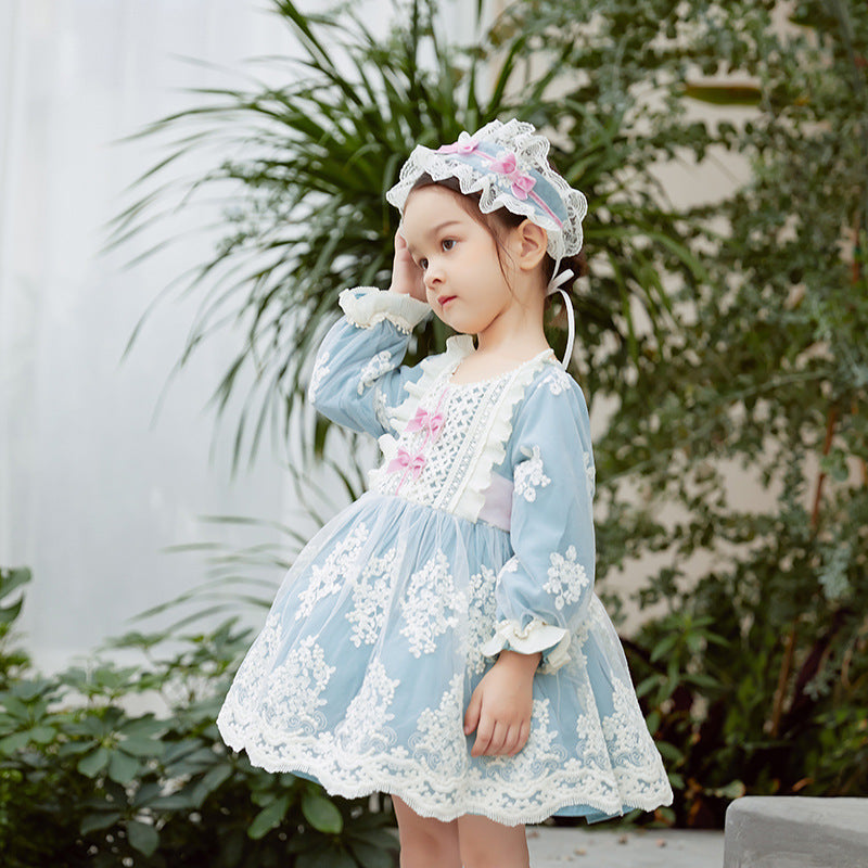 Dusty Blue Princess Flower Girl Dress with Lace and Puff Sleeves