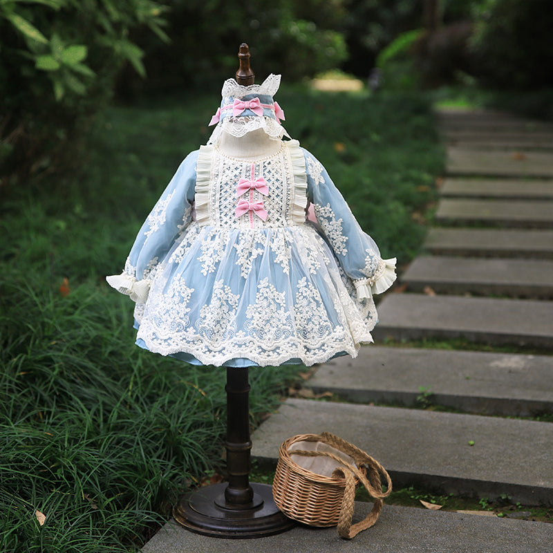 Dusty Blue Princess Flower Girl Dress with Lace and Puff Sleeves